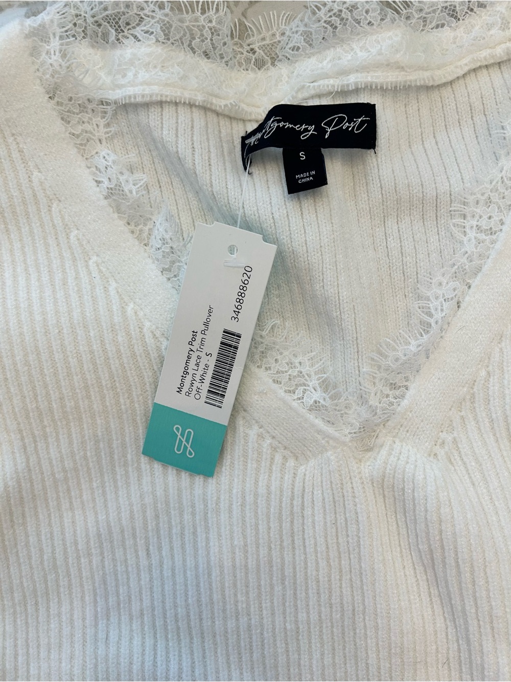 Montgomery Post  Cream Ribbed V-Neck Sweater with Lace